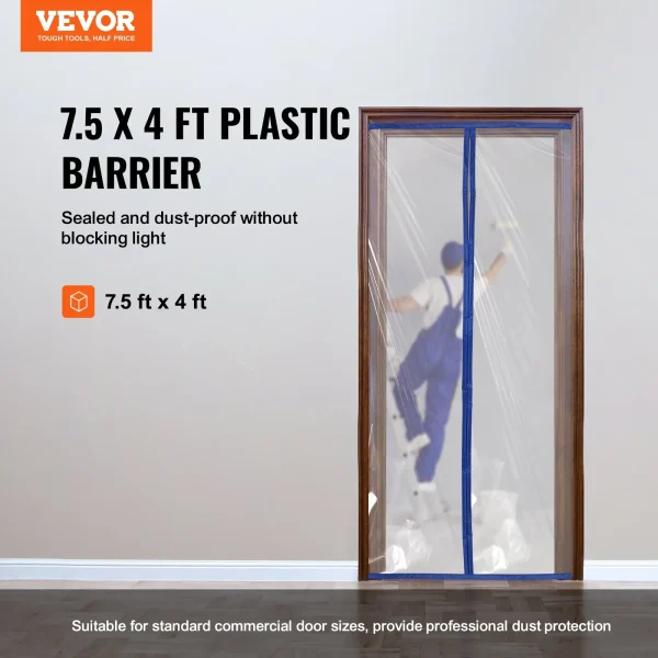 VEVOR Dust Barrier, 7.5 x 4 ft Dust Barrier Door Kit, PE Construction Door Cover for Dust Containment, with Magnetic Self-Closing Zipper, Dust Protection Wall for Bathroom Living Room Remodel