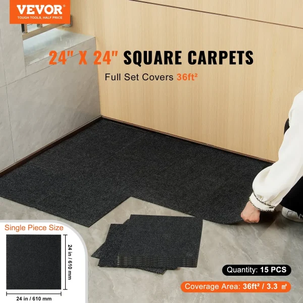 VEVOR Carpet Tiles Peel and Stick, 24 x 24 Squares Self Adhesive Carpet Floor Tile, Soft Padded Carpet Tiles, Easy Install DIY for Bedroom Living Room Indoor Outdoor (15Tiles, Carbon Black)