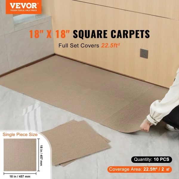 VEVOR Carpet Tiles Peel and Stick, 18 x 18 Squares Self Adhesive Carpet Floor Tile, Soft Padded Carpet Tiles, Easy Install DIY for Bedroom Living Room Indoor Outdoor (10 Tiles, Light Brown)