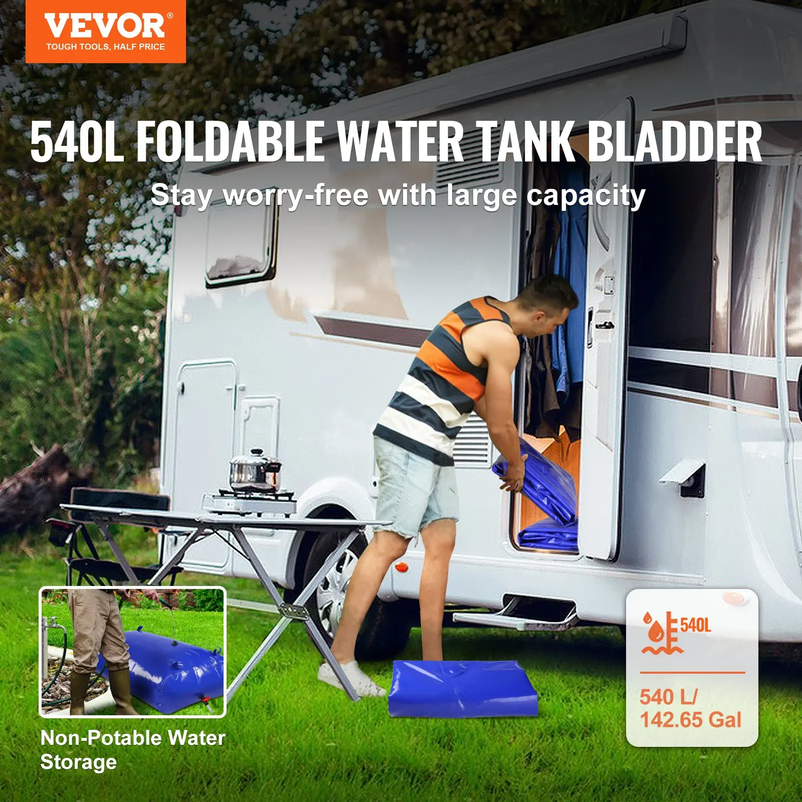 VEVOR 540L/142.65 Gallon Water Storage Bladder, Water Tank, 1000D Blue PVC Collapsible Water Storage Containers, Large Capacity Soft Water Bag,Water Bladder,Fire Prevention,Camping,Emergency Water Use
