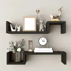 Floating Wall Shelf Set of 2 – Double-Tier Wooden Storage Shelves