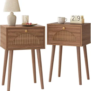 Modern Fluted Nightstand Set of 2 – Mid-Century Bedside Tables in Natural Walnut with Solid Wood Legs