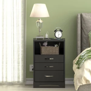 Vabches Nightstand Set of 2 with Charging Station – Wooden Bedside Tables with 3 Drawers & Open Storage Shelf