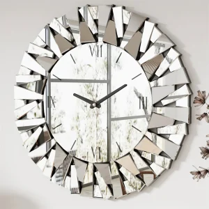Large 32” 3D Mirrored Sunburst Wall Clock – Modern Silver Roman Numeral Decorative Clock for Living Room, Dining Room & Fireplace