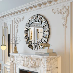 32” Decorative Round Sunburst Wall Mirror – Modern Silver Beveled Glass Hanging Mirror