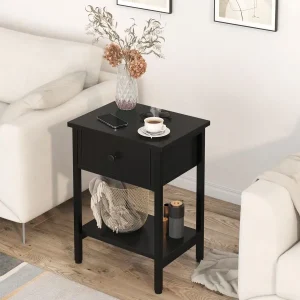 Bedside Table Set of 2 with Drawers & Storage Shelf – Heavy Duty End Tables