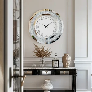 24” Crystal Crush Diamond Mirrored Wall Clock – Silver & Tawny Tinted Round Roman Numeral Decorative Clock