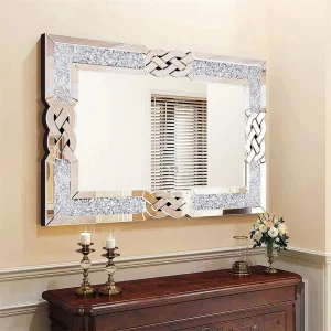 Large Crystal Crush Diamond Wall Mirror – Silver Rectangular Vanity Mirror