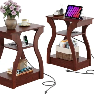 Cherry End Tables Set of 2 with Charging Station – Modern Nightstands with Storage Shelves