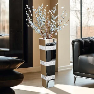 Modern Mirrored Crystal Floor Flower Vase – Silver Decorative Standing Vase