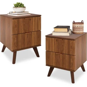 Fluted Nightstand Set of 2 – Mid-Century Modern 2-Drawer Bedside Tables with Aluminum Handles
