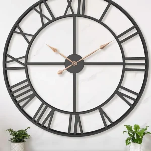 36” Extra Large Decorative Wall Clock – Oversized Black Metal Farmhouse Clock with Roman Numerals