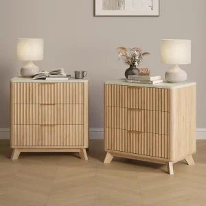 24” Fluted Nightstand Set of 2 – Modern Side Table with Faux Marble Top, 3 Drawer Wood End Tables