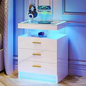 Smart Nightstand Set of 2 with Wireless Charging – LED Bedside Tables with 3 Drawers